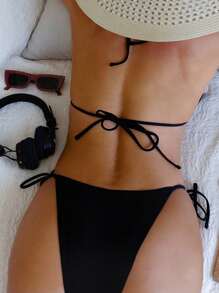 Bộ bikini buộc dây tam giác Halter - màu đen - Xem 2