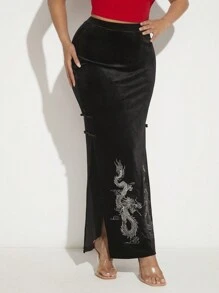 SHEIN SXY 中国龙纹开衩大腿丝绒裙新年夜派对性感夜店 - 黑色 - 查看 3