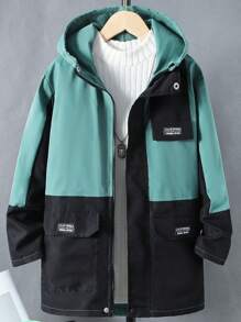 Tween Boy 1pc Two Tone Letter Patched Detail Flap Pocket Hooded Coat - Army Green - View 1