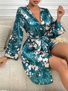 印花腰帶緞面睡袍 - 綠色 - 查看 3