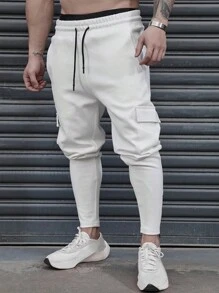 Manfinity LEGND Men Flap Pocket Drawstring Waist Sweatpants Long Cargo Sweat Plain All White Casual - White - View 2