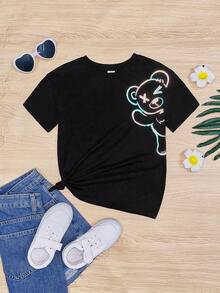 SHEIN Cô Gái Trẻ Phản chiếu Đồ họa Hoạt hình Áo thun Thả vai - màu đen - Xem 3