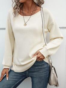 SHEIN LUNE 後綁帶蝴蝶結落肩袖鏤空套頭毛衣 - 杏色 - 查看 2