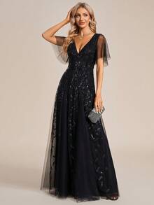 Elegant Flounce Sleeve Sequin Formal Dresses Evening Dress For Dinner Party Dress Wedding Guest Dress - Black - View 5