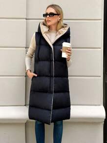 EURMUSE Solid Zip Up Hooded Puffer Vest Coat - Black - View 5