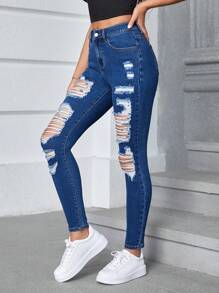 SHEIN Essnce 破洞緊身牛仔褲 - 中等水洗藍 - 查看 4