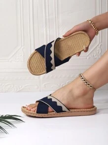 Fall/Winter Women's Comfortable And Breathable Crossed Straps Open-Toe Slippers - Navy Blue - View 4
