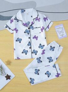 Girls Butterfly Print Contrast Piping Satin PJ Set - White - View 1