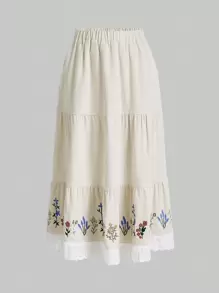 ROMWE Fairycore Falda con bordado floral con encaje en contraste bajo con fruncido - Beis - Ver 1