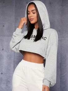 SHEIN PETITE Đồ họa Chữ cái Thả vai Áo hoodie ngắn - Màu Xám nhạt - Xem 3