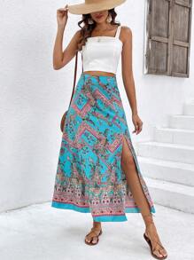 SHEIN VCAY 佩斯利印花高衩半身裙