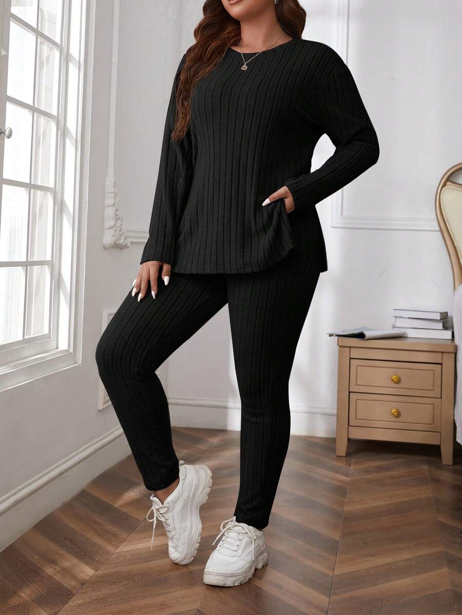 SHEIN Essnce Plus Ribbed Knit Split Hem Tee & Leggings - Black - View 1