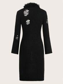 SHEIN ICON Solid Fuzzy Trim Flounce Sleeve Cardigan - Black - View 3
