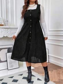 Flirla Hơn Nút phía trước Đầm Tổng thể Without Tee - màu đen - Xem 5