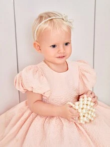 SHEIN Váy Bé Gái Dây kéo Nơ sau màu trơn - Màu Hồng  San hô - Xem 3