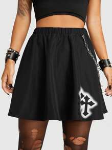 ROMWE Grunge Punk Vượt qua In Hem xòe Váy - màu đen - Xem 3