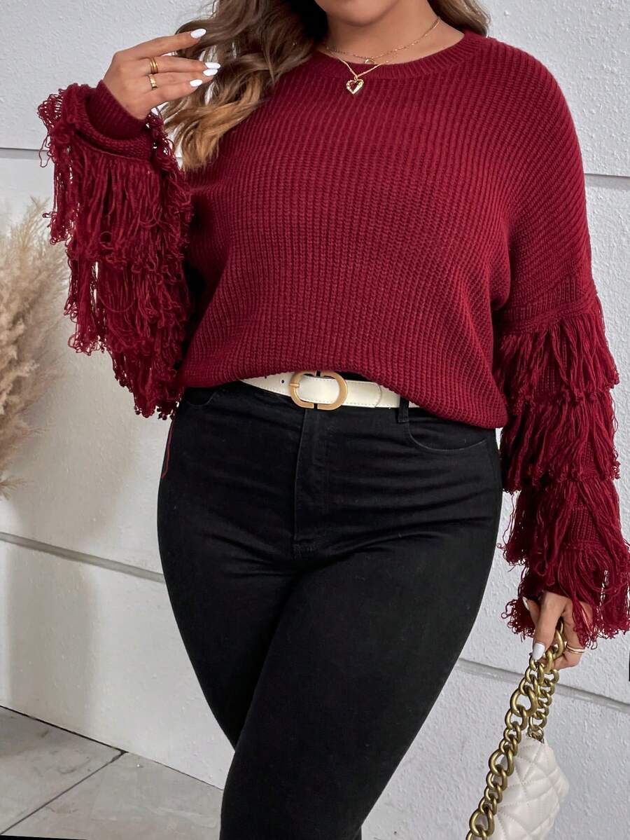 SHEIN Clasi Plus Fringe Trim Drop Shoulder Sweater - Burgundy - View 1