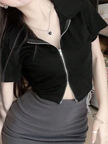 Kaos Kasual Lengan Pendek Model Crop Tanpa Lengan Leher Bulat Warna Polos Desain Resleting Ganda Musim Panas Warna Hitam - Hitam - View 8