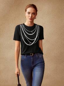 MOTF PREMIUM 人造珍珠串珠T恤 - 黑色 - 查看 8