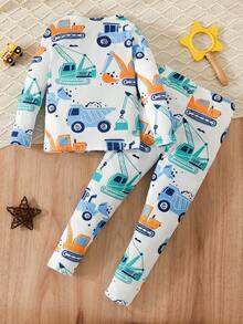 Young Boy Excavator Print Tee & Pants Snug Fit PJ Set - Blue - View 2