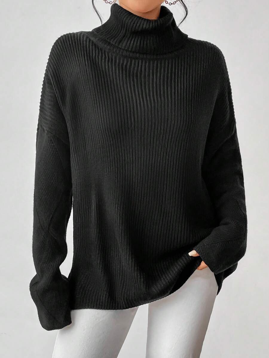 SHEIN Essnce Jersey cuello alto de hombros caídos - Negro - Ver 1