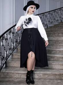 SHEIN Unity Plus Halloween Lace Up Front High Low Hem Skirt - Black - View 4