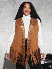 SHEIN CURVE+ Plus 1pc Hollow Out Fringe Hem Faux Suede Vest Coat - Camel - View 6