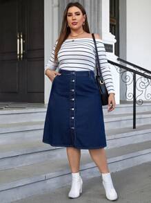 SHEIN Frenchy Plus Button Front Denim Skirt - Medium Wash - View 3