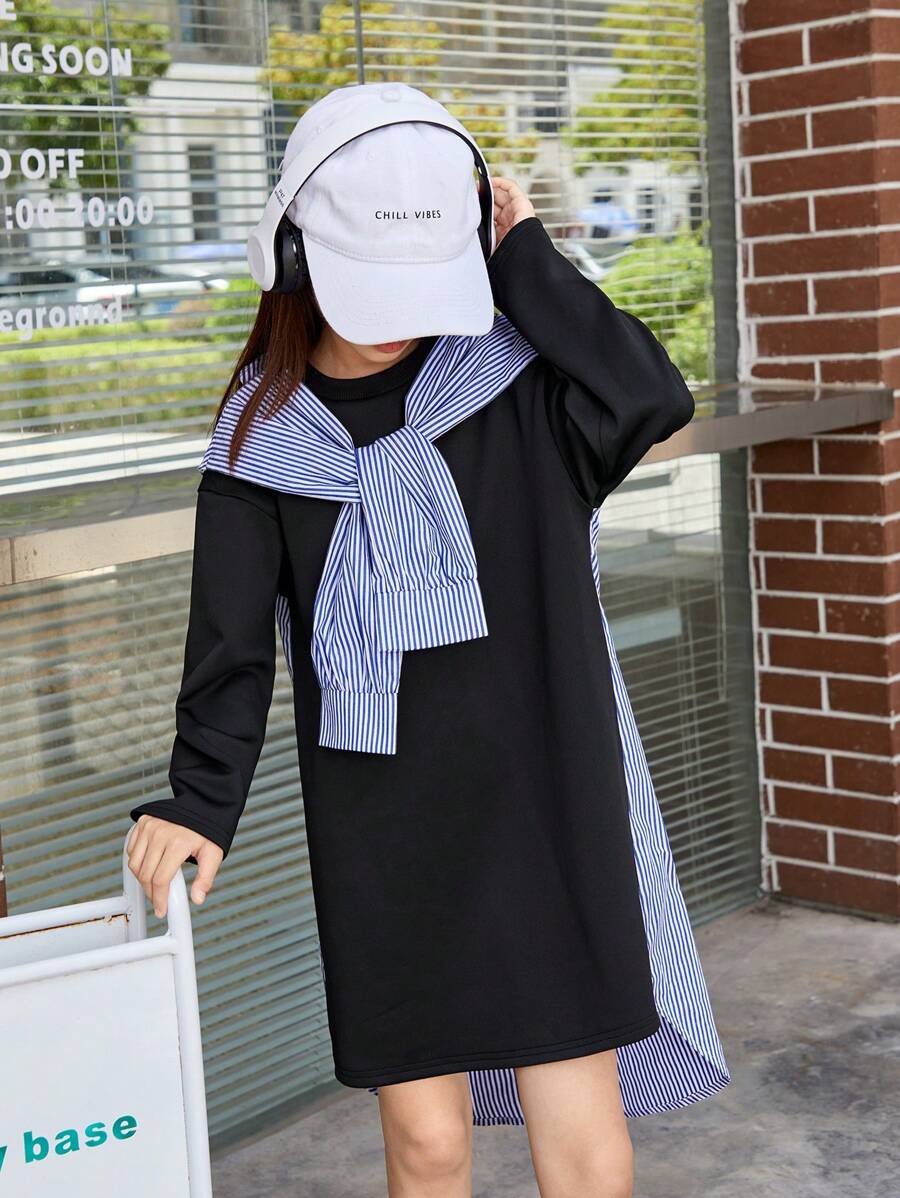 SHEIN Cô gái Tween In sọc Hem cao thấp Váy 2 trong 1 Với khăn quàng cổ - màu đen - Xem 1