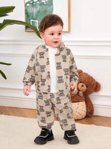 SHEIN Bimbo carino orso stampata maniche lunghe con cappuccio Giacche e Pantaloni affusolati Set - Cachi - Visualizzare 5