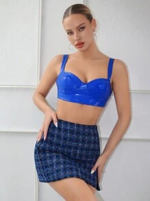 SHEINNeu Solid PU Leather Cami Top & Plaid Print Skirt