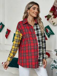 SHEIN Áo sơ mi trễ vai in họa tiết Tartan dành cho bà bầu - Nhiều màu - Xem 1