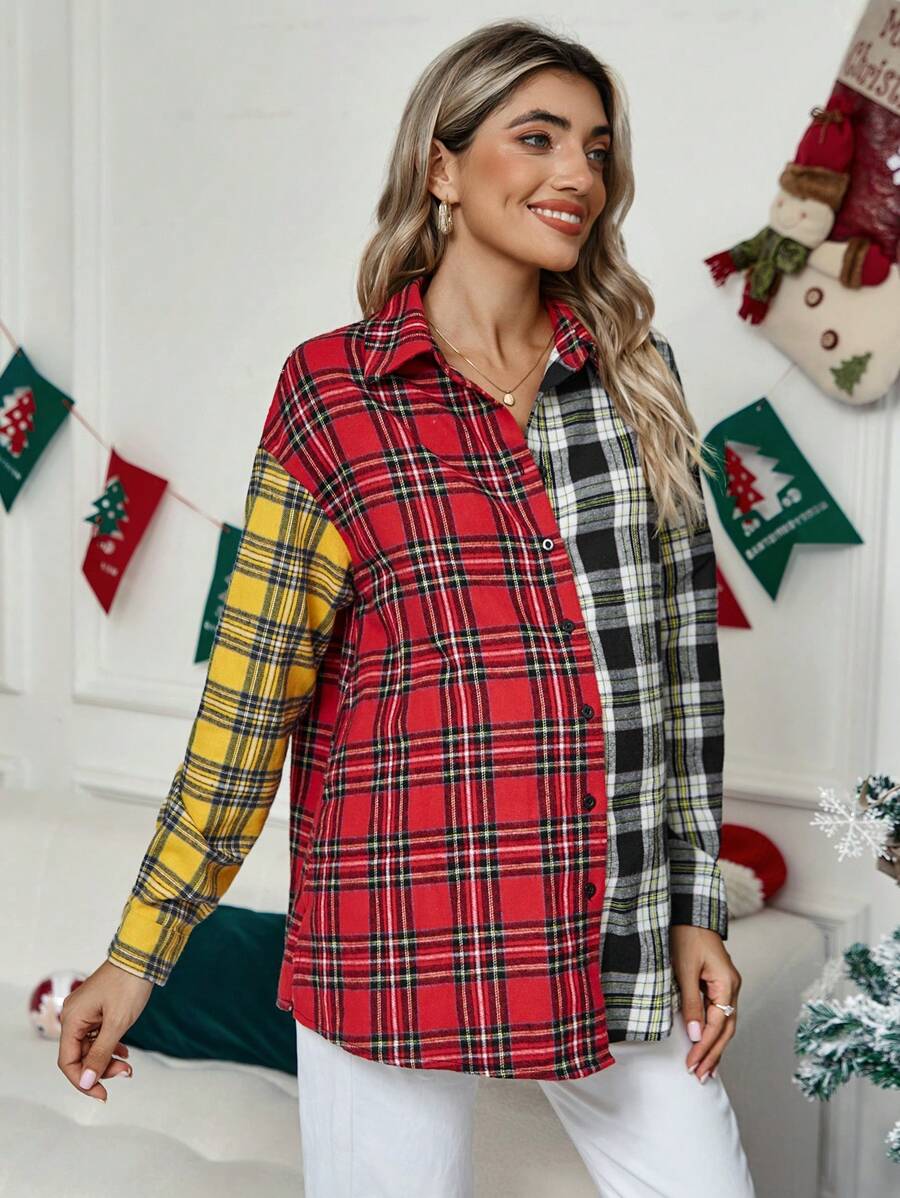 SHEIN Áo sơ mi trễ vai in họa tiết Tartan dành cho bà bầu - Nhiều màu - Xem 1