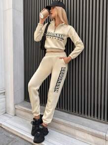 RueChic Letter Graphic Half Zip Drop Shoulder Crop Sweatshirt & Sweatpants - Beige - View 1