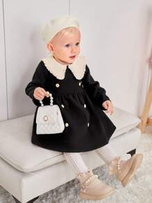 SHEIN 女嬰拼接領雙排釦洋裝 - 黑色 - 查看 4