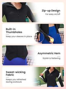 Easithlete Thumbholes Zip Up Sports Jacket - Black - View 3