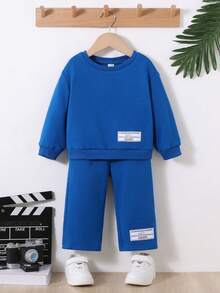 SHEIN 男嬰標語圖案落肩袖衛衣和衛褲 - 寶藍色 - 查看 4