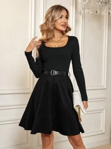 SHEIN Clasi Square Neck A-line Dress Without Belt - Black - View 4