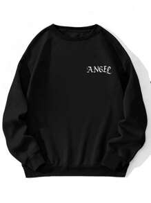 Manfinity Roghcode Men Plus Slogan & Wings Print Drop Shoulder Sweatshirt - Black - View 3