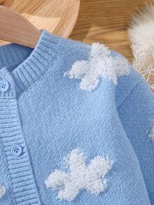 SHEIN Cô Gái Trẻ Mô hình hoa Nút phía trước Áo len Mở - Màu xanh lam - Xem 6