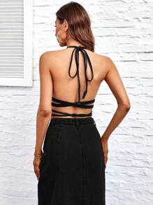 SHEIN BAE Crisscross Tie Backless Denim Top