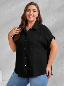 SHEIN Clasi 休閒口袋 前紐扣純色加大襯衫 - 黑色 - 查看 3