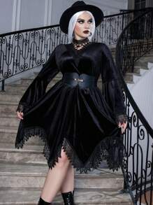 PUNK Plus Halloween Guipure Lace Trim Flare Sleeve Hanky Hem Velvet Dress - Black - View 7
