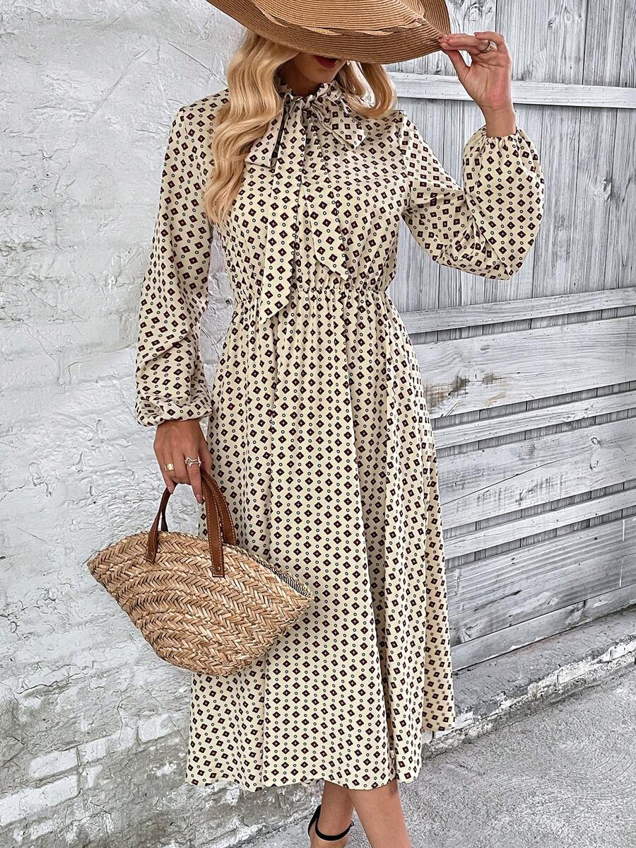 SHEIN LUNE 滿版幾何圖案繫帶領燈籠袖洋裝 - 彩色 - 查看 1