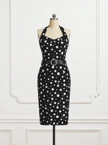 SHEIN DECDS In vết tròn Polka Halter Neck Không lưng Đầm Không có thắt lưng - Đen và trắng - Xem 3