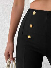 EURMUSE Sexy Button-Accent Form-Fitting 7/8 Length Pants - Black - View 4