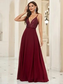 SHEIN Belle Burgundy Red Contrast Sequin Cami Formal Dress Party Dress Wedding Guest Dress Evening Dress - Burgundy - View 5
