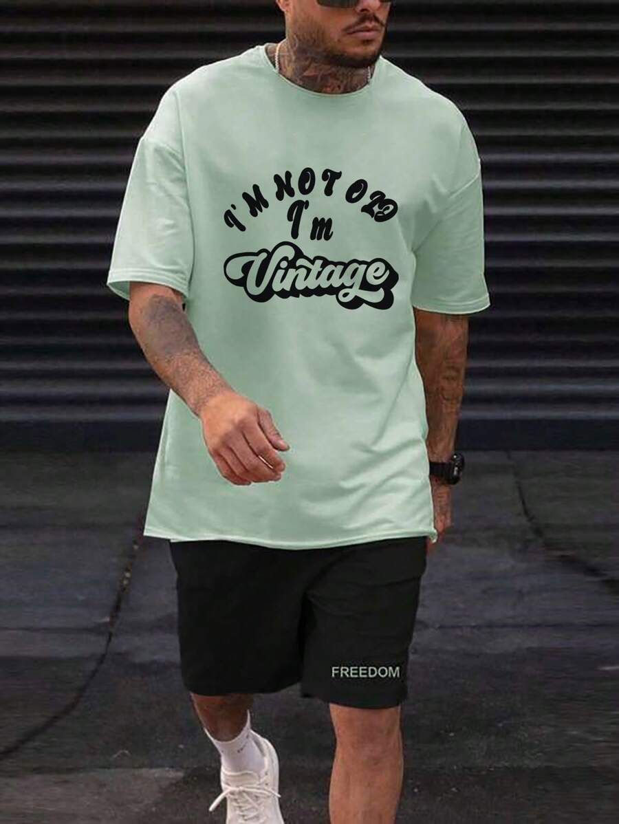 Manfinity Homme Men Plus Slogan Graphic Tee - Mint Green - View 1