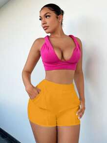 SHEIN SXY Solid High Waist Shorts - Yellow - View 4