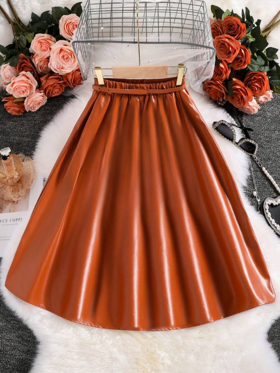 SHEIN Cô gái Tween Chất rắn chất liệu da PU Váy kèn đồng - Cà phê nâu - Xem 1
